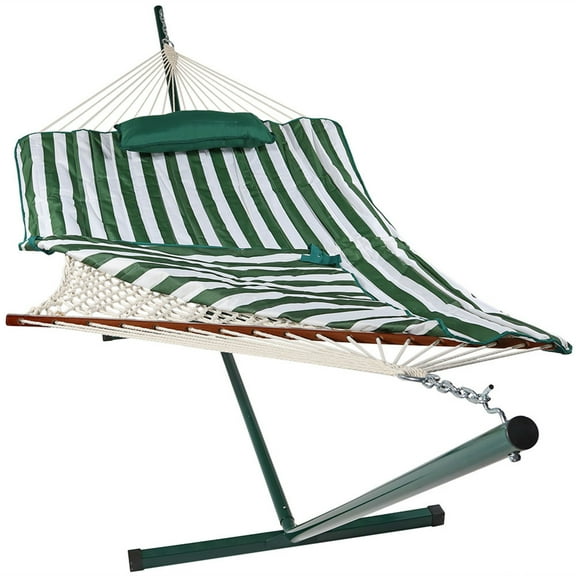 Sunnydaze 2-Person Polyester Rope Spreader Bar Hammock with Stand, 275 lb Capacity - Green/White
