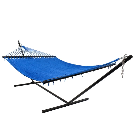 Sunnydaze 2-Person Polyester Rope Spreader Bar Hammock with Stand, 400 lb Capacity - Blue