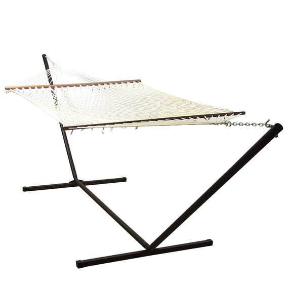 Sunnydaze 2-Person Polyester Rope Spreader Bar Hammock with Stand, 400 lb Capacity - Cream