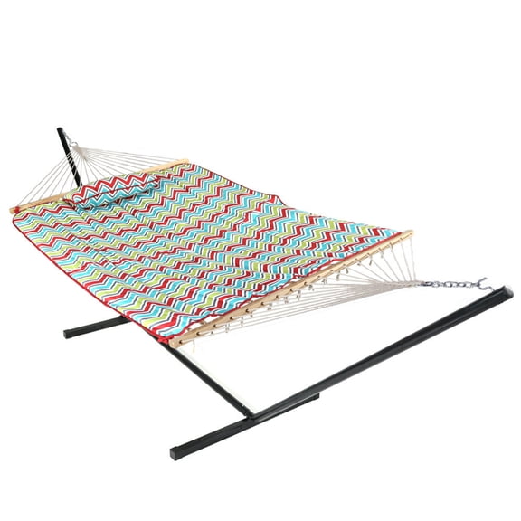 Sunnydaze 2-Person Polyester Rope Spreader Bar Hammock with Stand and Pillow - Multicolor