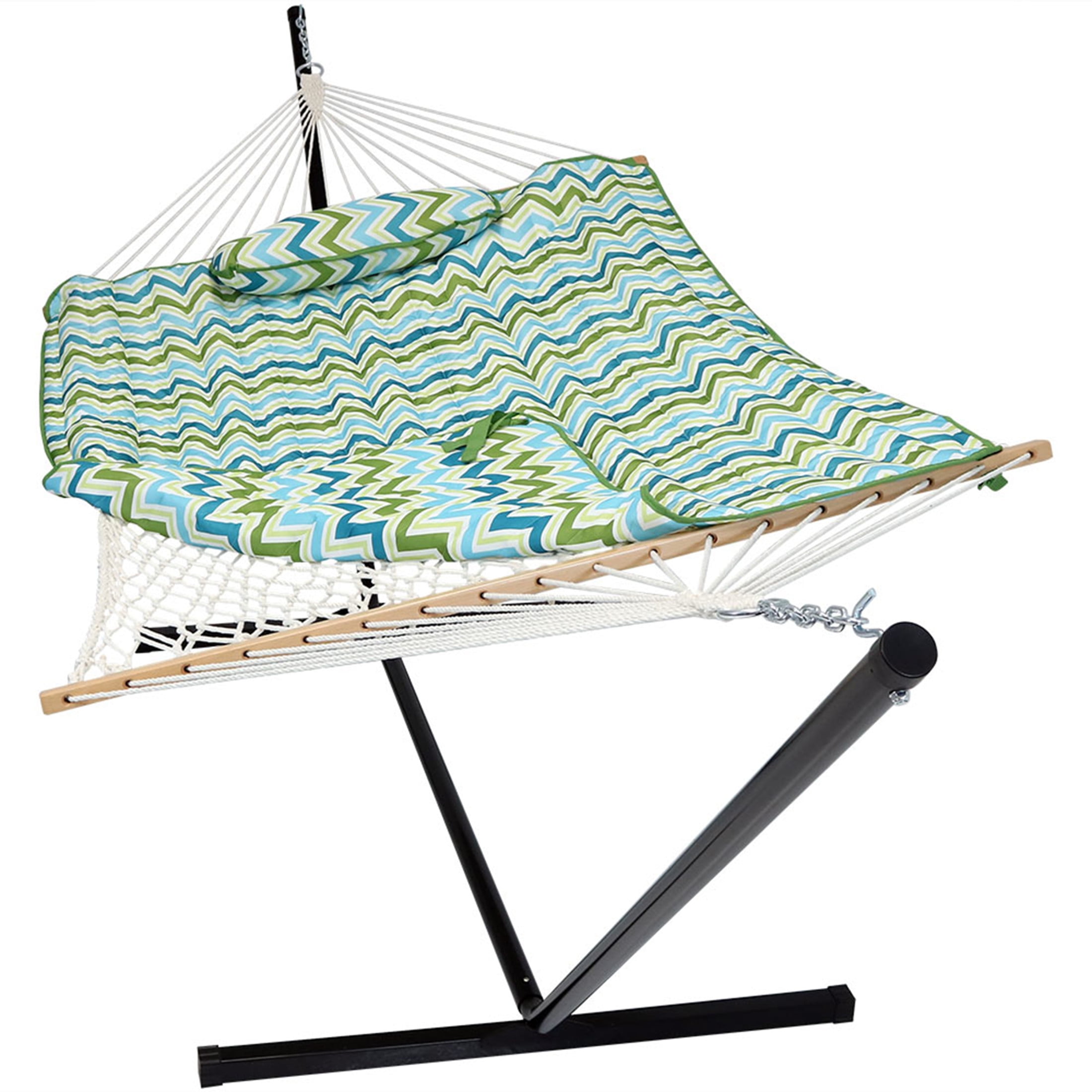Green and Blue Chevron Cotton Rope Hammock with Steel Stand