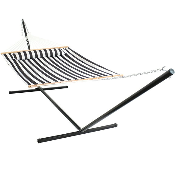 Sunnydaze 2-Person Polyester Spreader Bar Hammock with Stand, 400 lb Capacity - Black /White