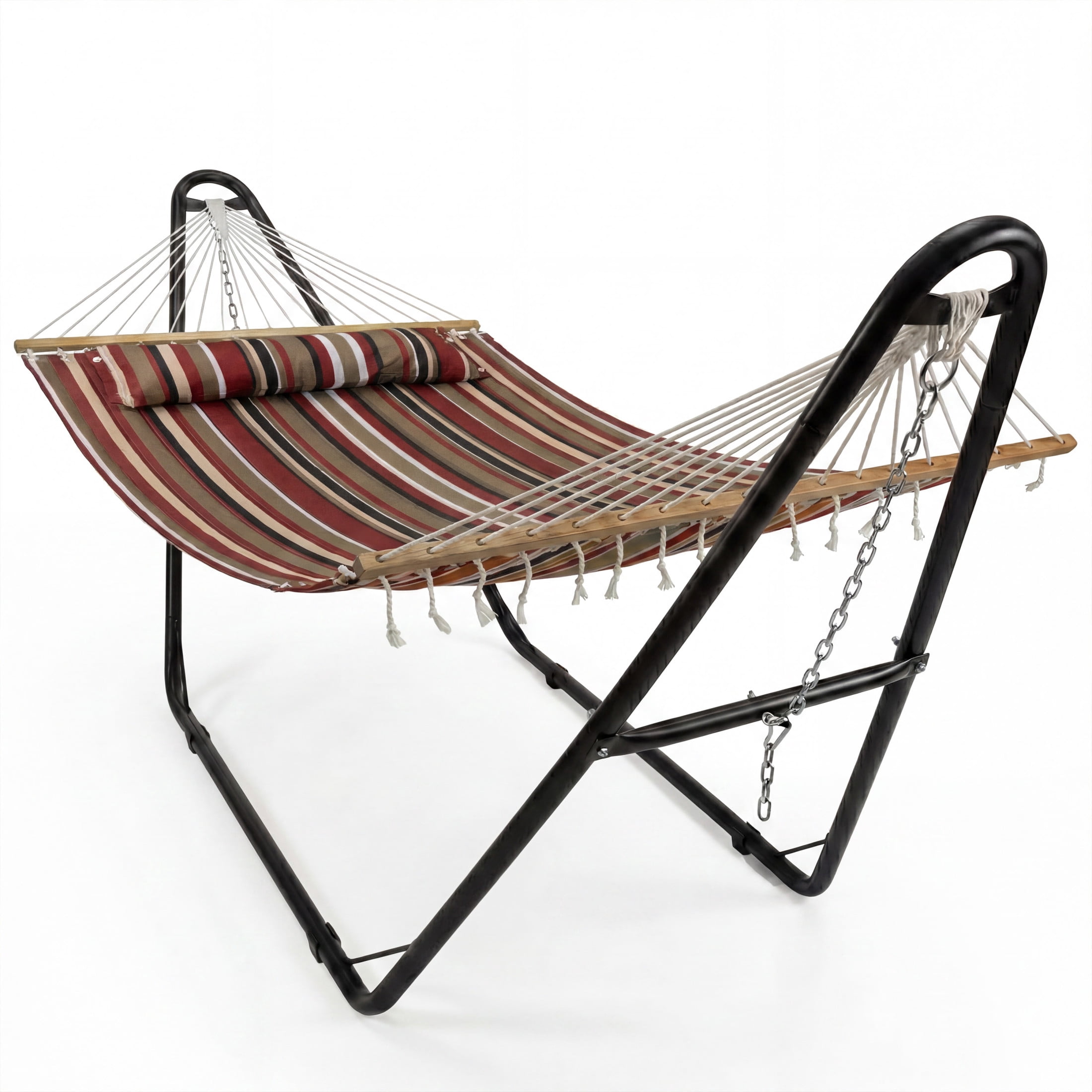 Sunnydaze 2-Person Polyester Spreader Bar Hammock with Stand, 440 lb Capacity - Awning Stripe