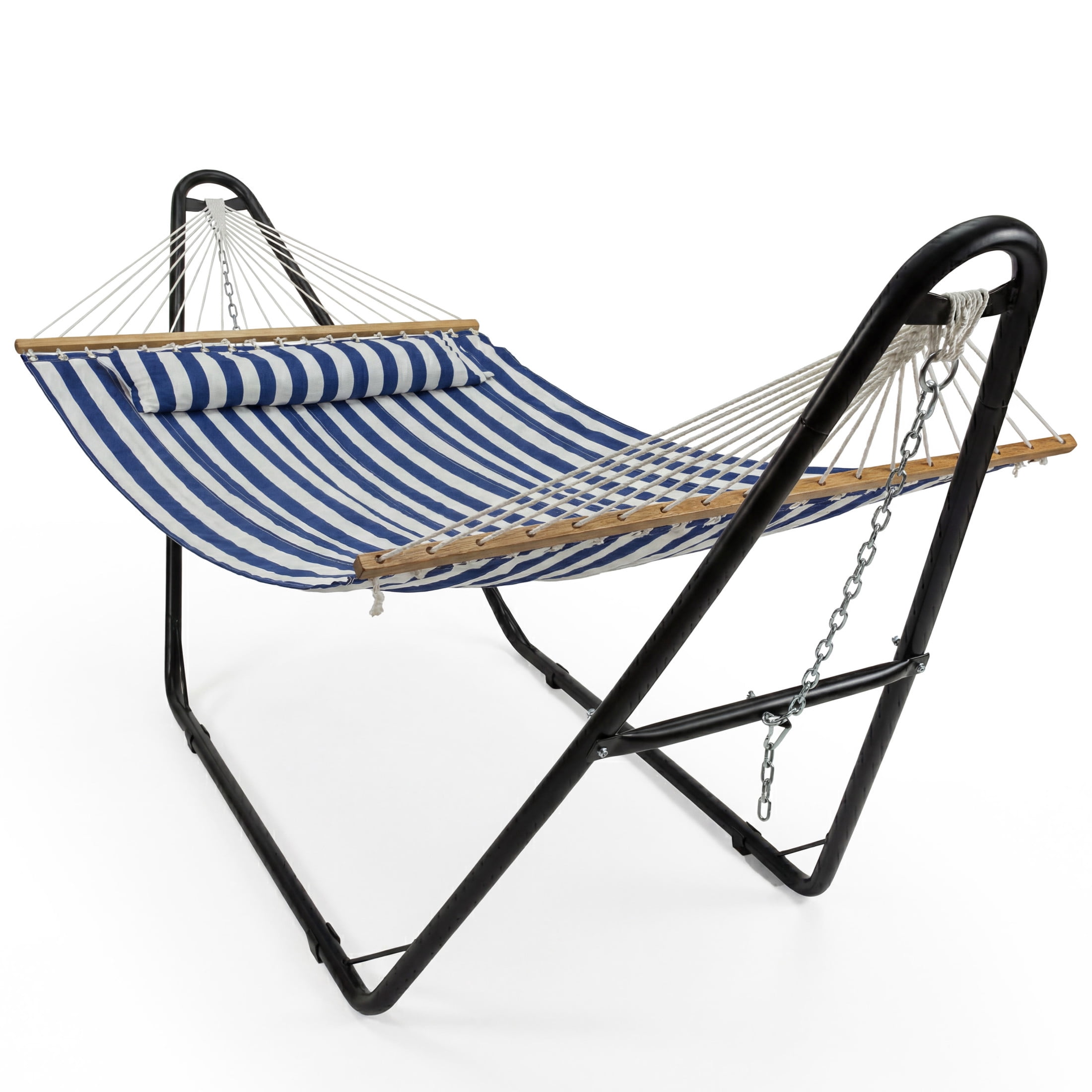 Sunnydaze 2-Person Polyester Spreader Bar Hammock with Stand, 440 lb Capacity - Blue/White Stripe