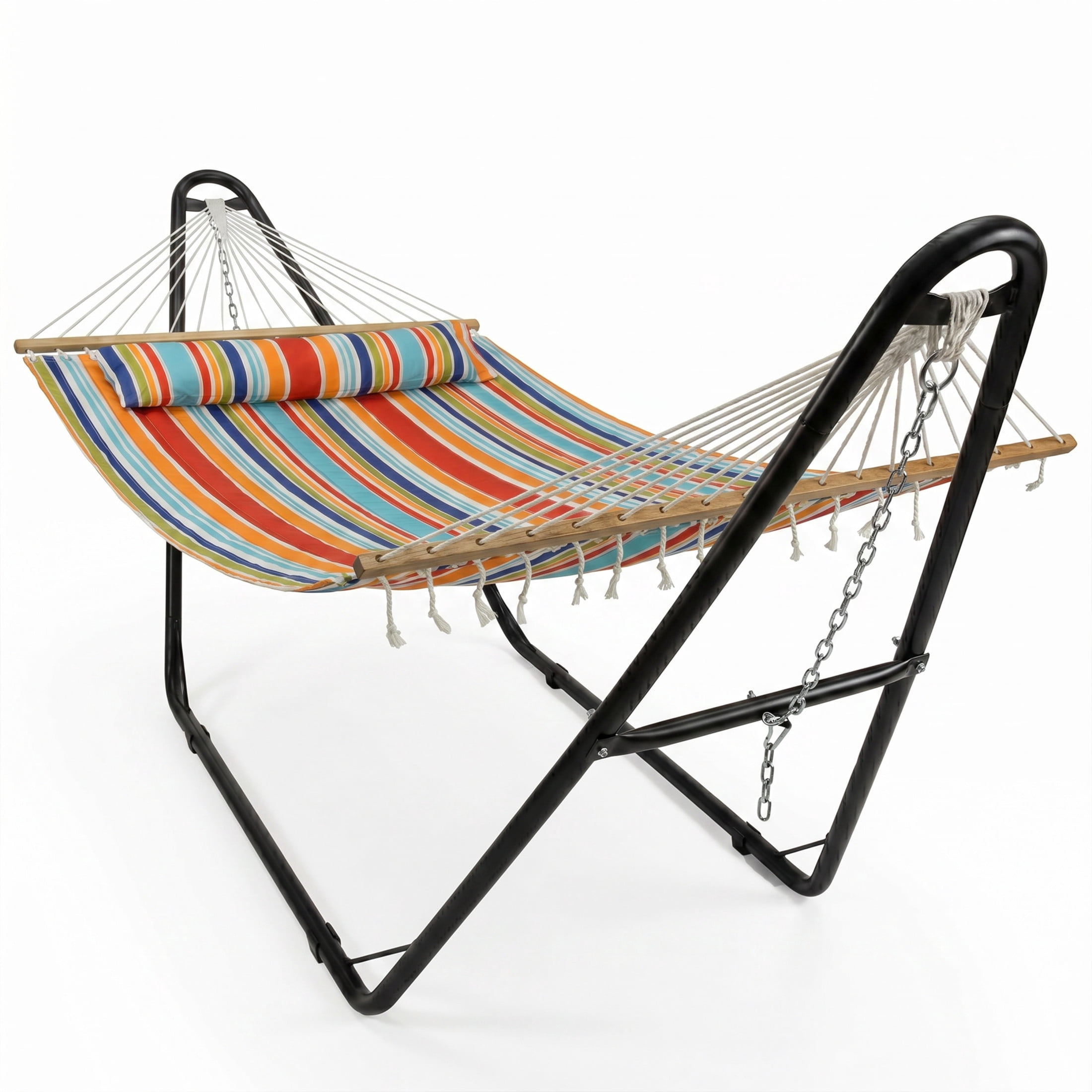 Sunnydaze 2-Person Polyester Spreader Bar Hammock with Stand, 440 lb Capacity - Caribbean Stripe