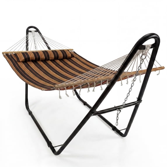 Sunnydaze 2-Person Polyester Spreader Bar Hammock with Stand, 440 lb Capacity - Woodland Stripe