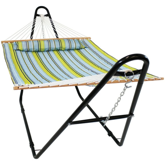 Sunnydaze 2-Person Polyester Spreader Bar Hammock with Stand, 450 lb Capacity - Blue and Green