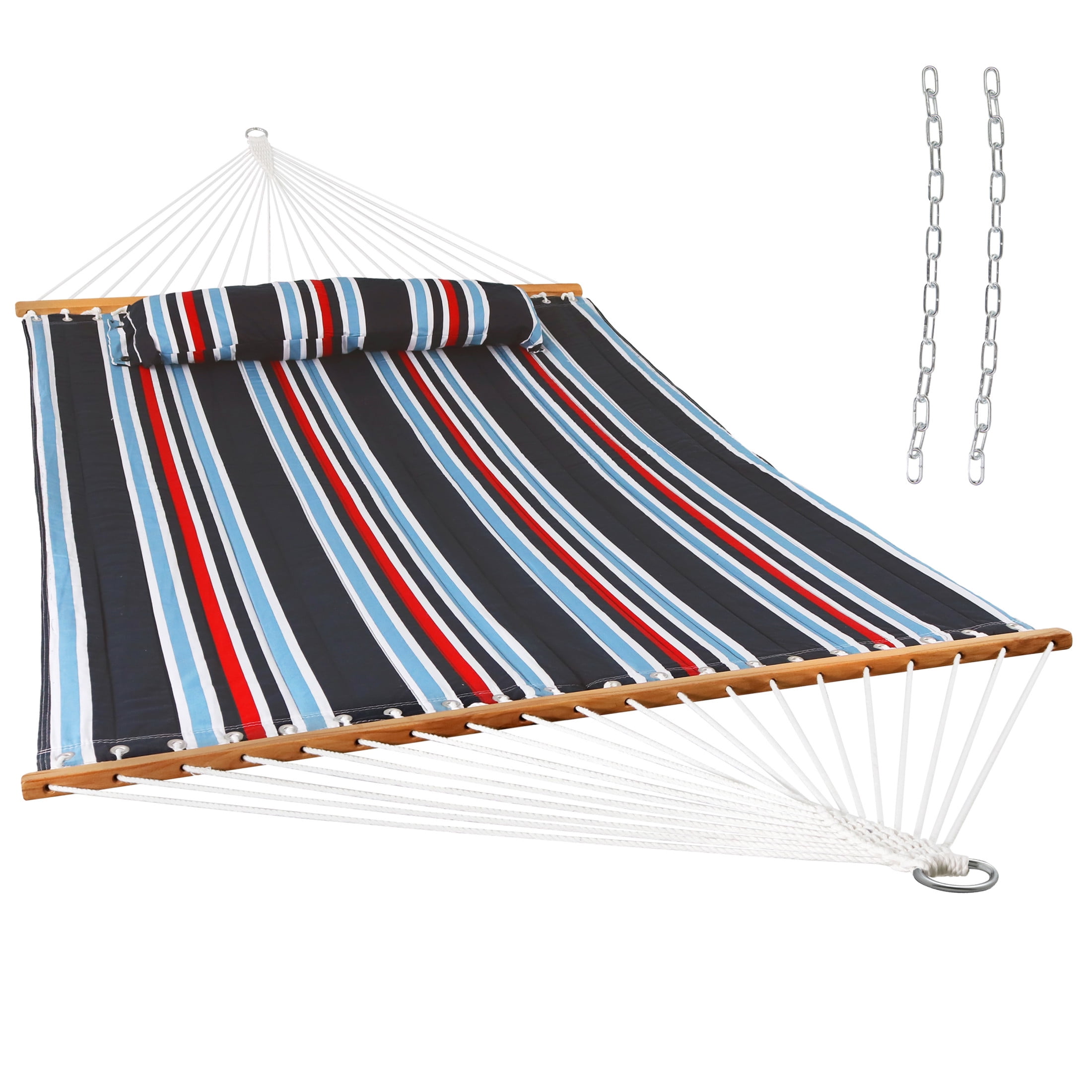 Nautical Stripe Blue and Red Quilted Polyester Hammock with Spreader Bars
