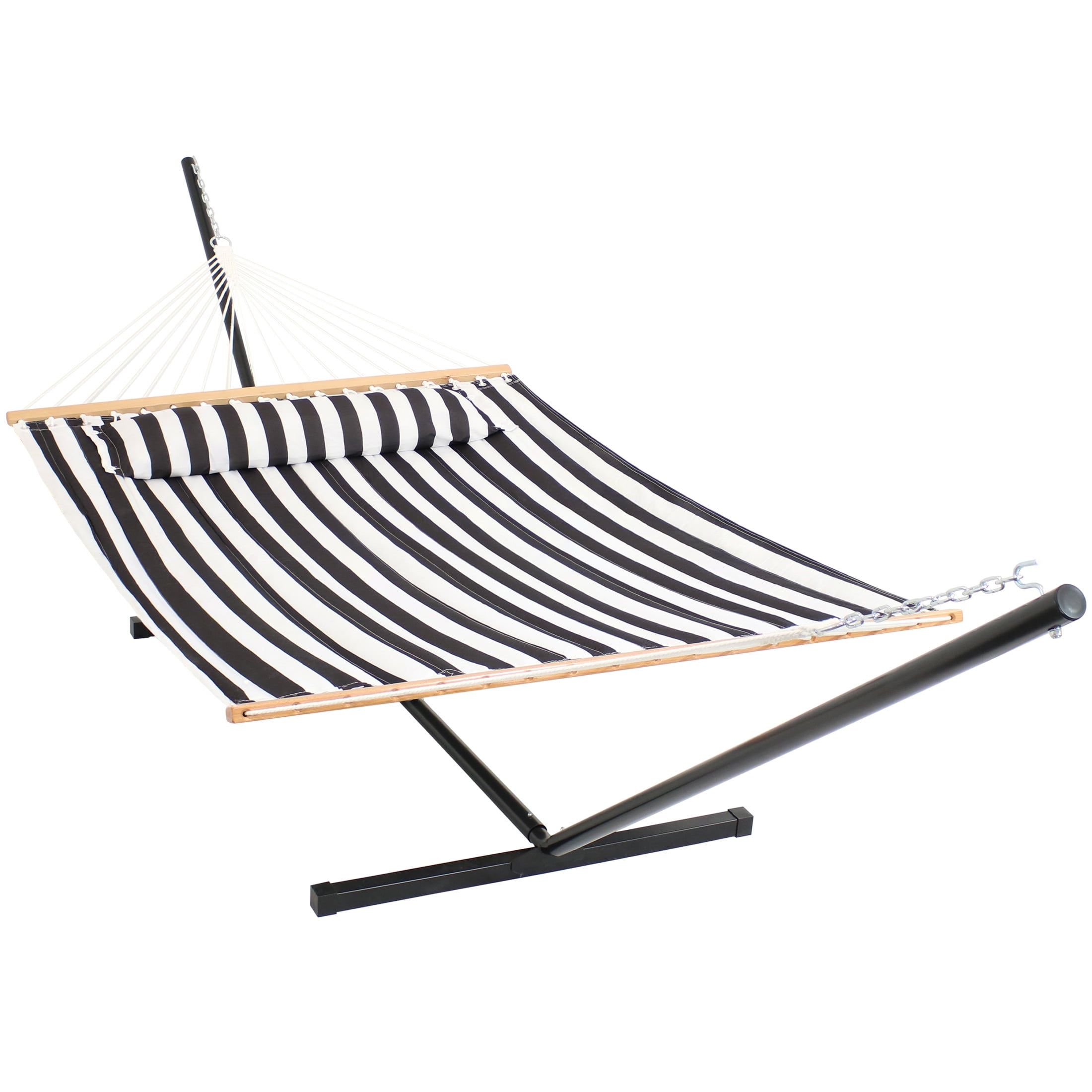 Sunnydaze 2-Person Quilted Polyester Hammock with Stand, 350 lb Capacity - Black and White