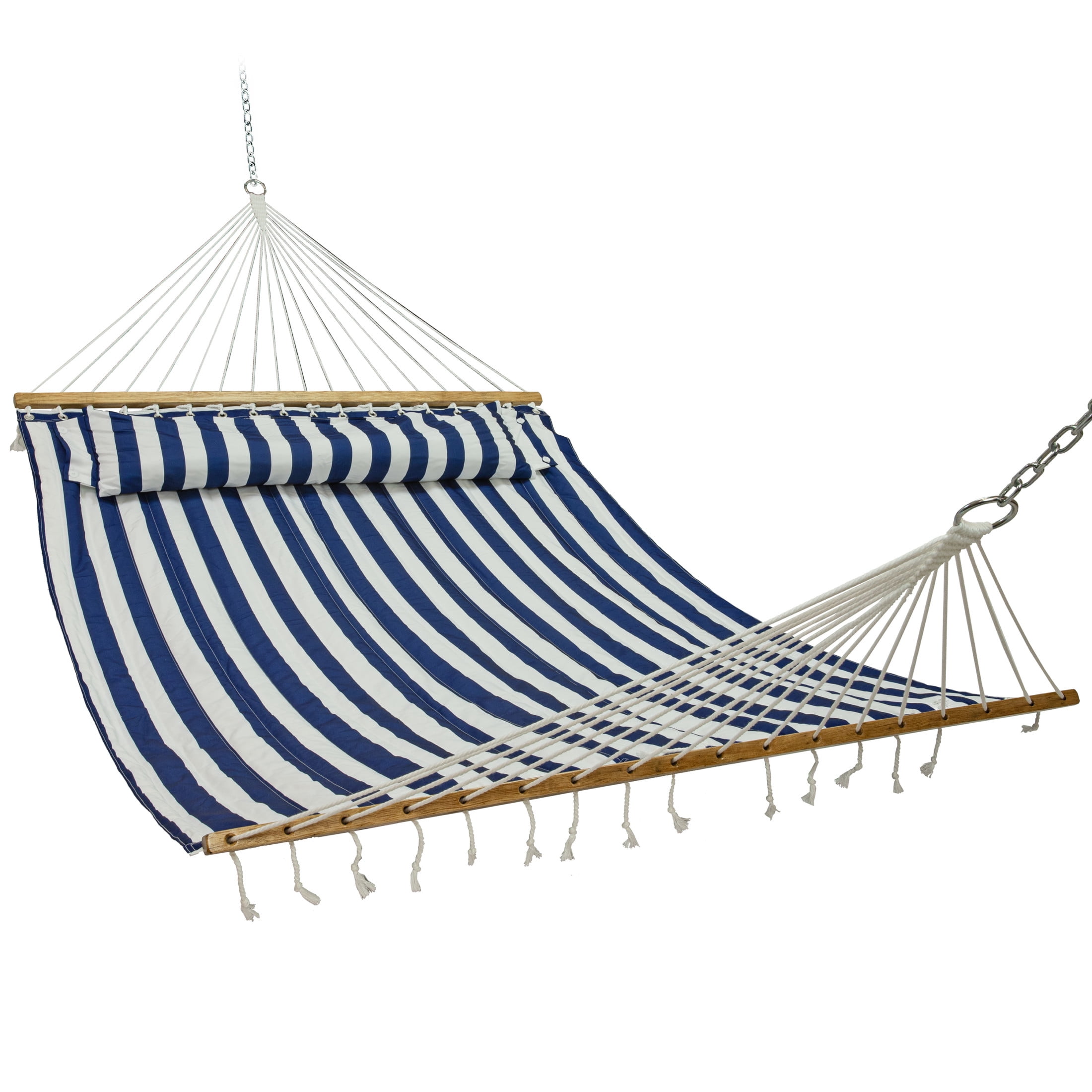 Sunnydaze 2-Person Quilted Polyester Spreader Bar Hammock, 450 lb - Blue/White Stripe