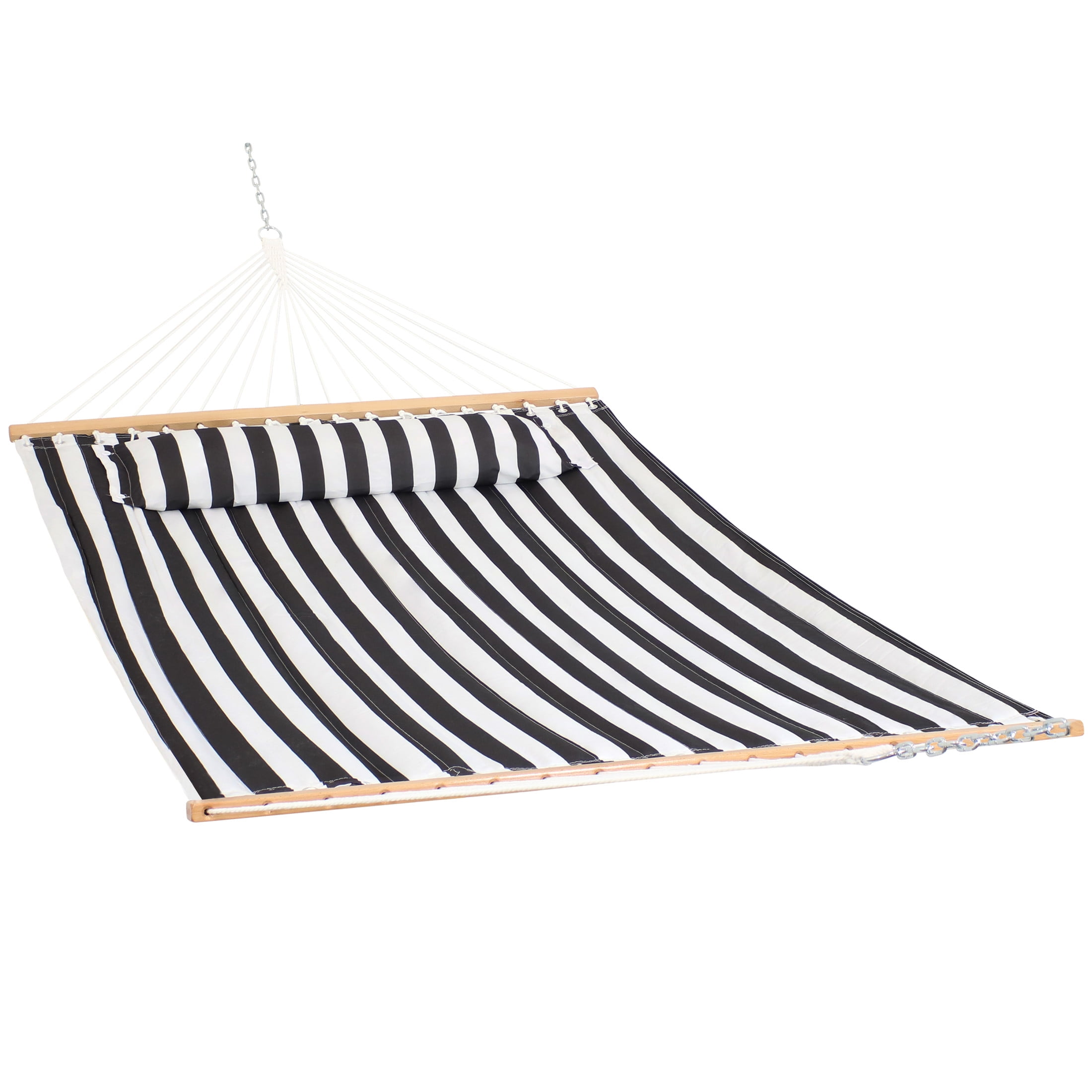 Sunnydaze 2-Person Quilted Polyester Spreader Bar Hammock, 450 lb Capacity - Black and White Stripe