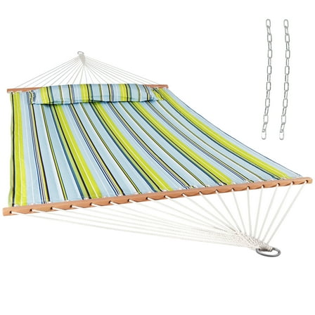 Sunnydaze 2-Person Quilted Polyester Spreader Bar Hammock, 450 lb Capacity - Blue and Green