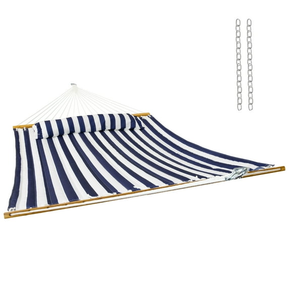 Sunnydaze 2-Person Quilted Polyester Spreader Bar Hammock, 450 lb Capacity - Blue and White Stripe