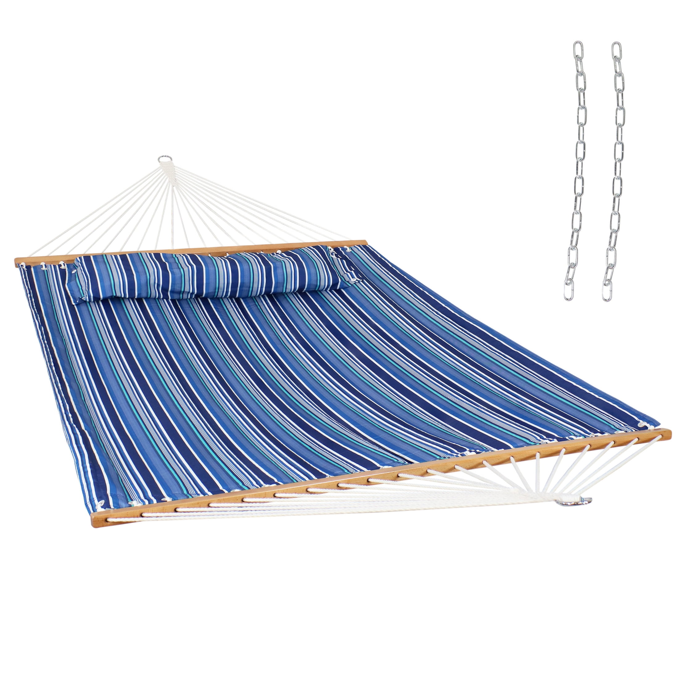 Sunnydaze 2-Person Quilted Polyester Spreader Bar Hammock, 450 lb Capacity - Breakwater Stripe