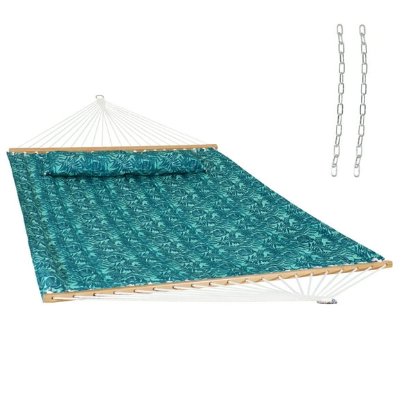 Sunnydaze 2-Person Quilted Polyester Spreader Bar Hammock, 450 lb Capacity - Cool Blue Tropics