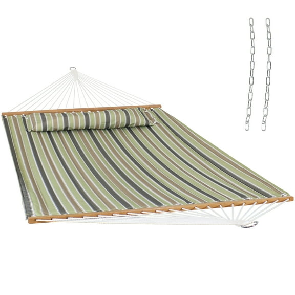 Sunnydaze 2-Person Quilted Polyester Spreader Bar Hammock, 450 lb Capacity - Khaki Stripe