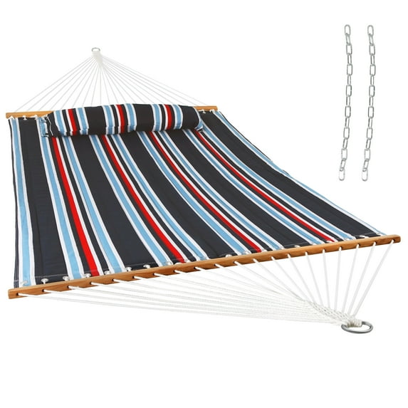 Sunnydaze 2-Person Quilted Polyester Spreader Bar Hammock, 450 lb Capacity -Nautical Stripe