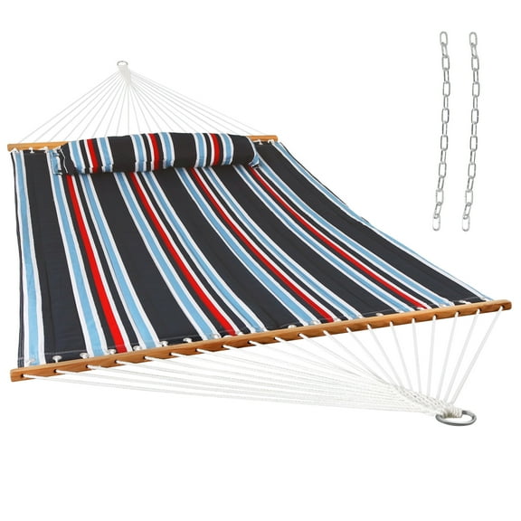Sunnydaze 2-Person Quilted Polyester Spreader Bar Hammock, 450 lb Capacity -Nautical Stripe