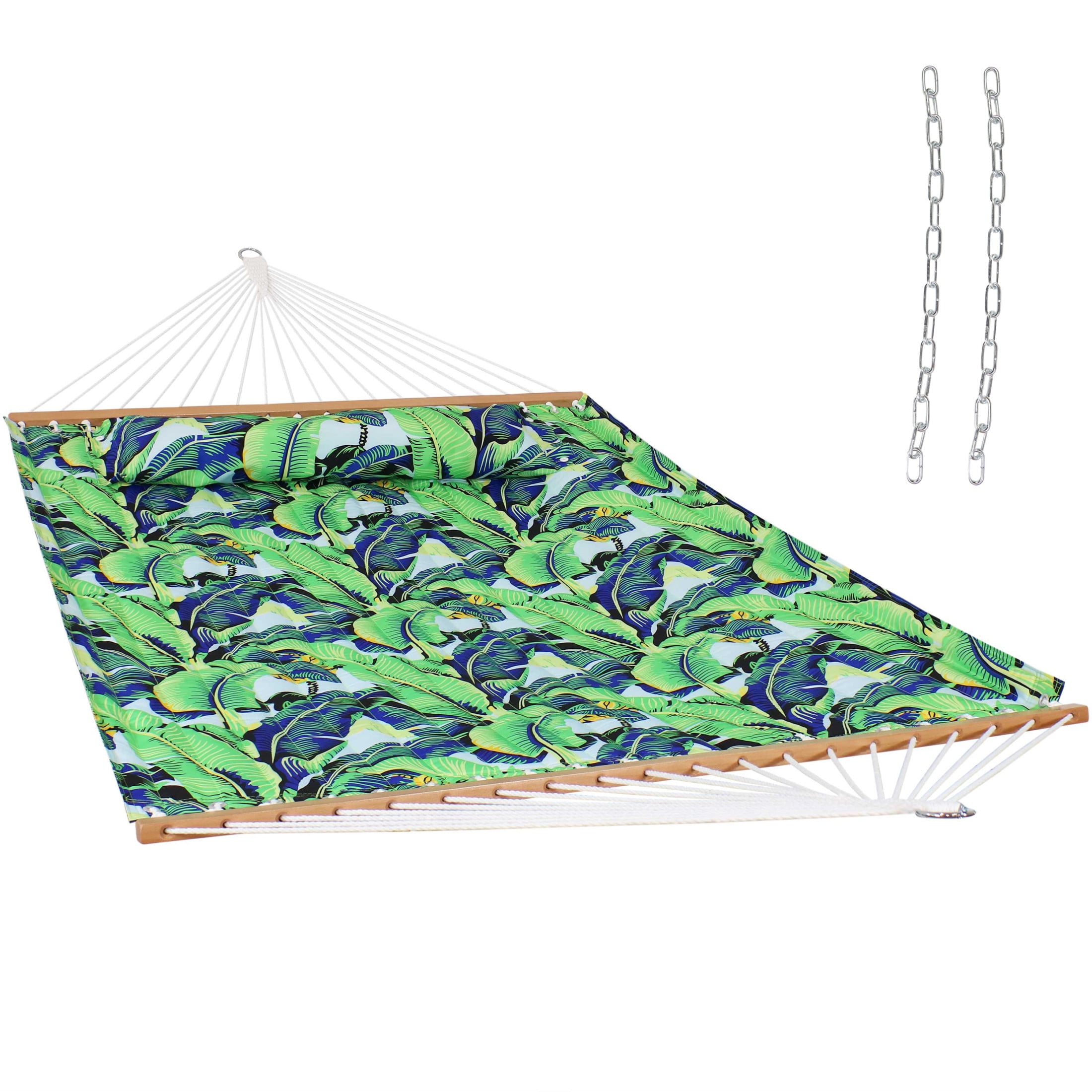 Exotic Foliage Green Quilted Polyester 2-Person Hammock with Pillow