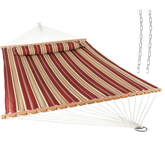 Sunnydaze 2-Person Quilted Polyester Spreader Bar Hammock, 450 lb - Red Stripe