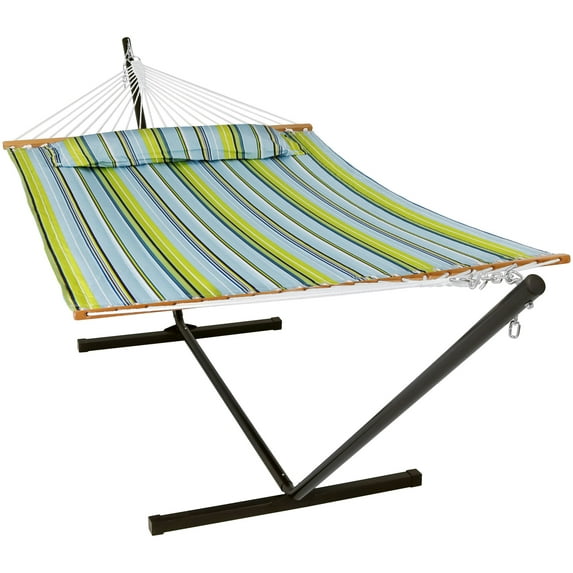 Sunnydaze 2-Person Quilted Polyester Spreader Bar Hammock with Stand, 350 lb Capacity - Blue/Green