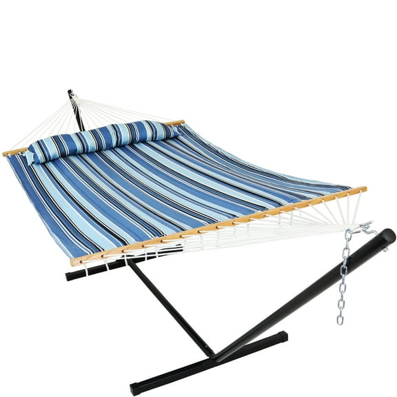 Sunnydaze 2-Person Quilted Polyester Spreader Bar Hammock with Stand, 350 lb Capacity - Misty Beach