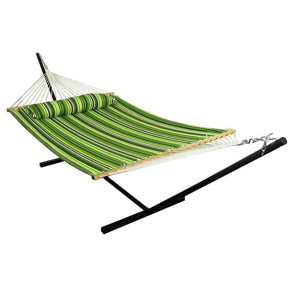 Sunnydaze 2-Person Quilted Polyester Spreader Bar Hammock with Stand, 350 lb - Melon Stripe