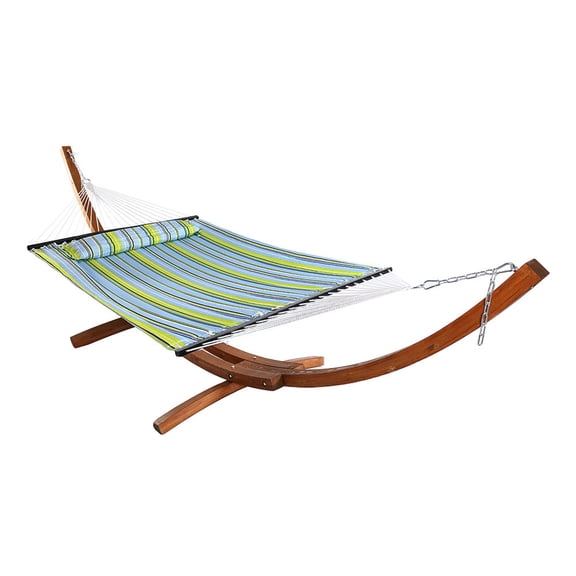 Sunnydaze 2-Person Quilted Polyester Spreader Bar Hammock with Stand, 400 lb Capacity - Blue/Green