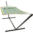 thumbnail image 1 of Sunnydaze 2-Person Quilted Polyester Spreader Bar Hammock with Stand, 400 lb Capacity - Blue/Green, 1 of 7