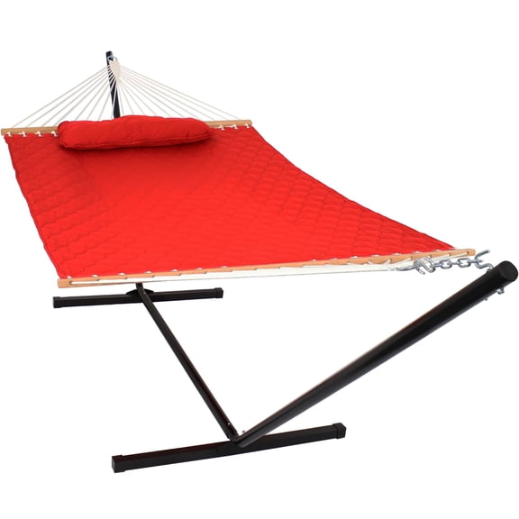 Sunnydaze 2-Person Quilted Polyester Spreader Bar Hammock with Stand - 400 lb Capacity - Red