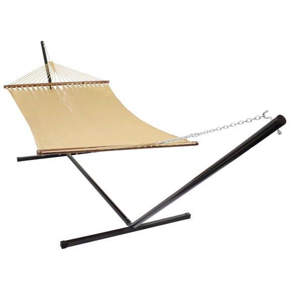 Sunnydaze 2-Person Soft Spun Polyester Rope Hammock with Stand, 400 lb Capacity - Tan