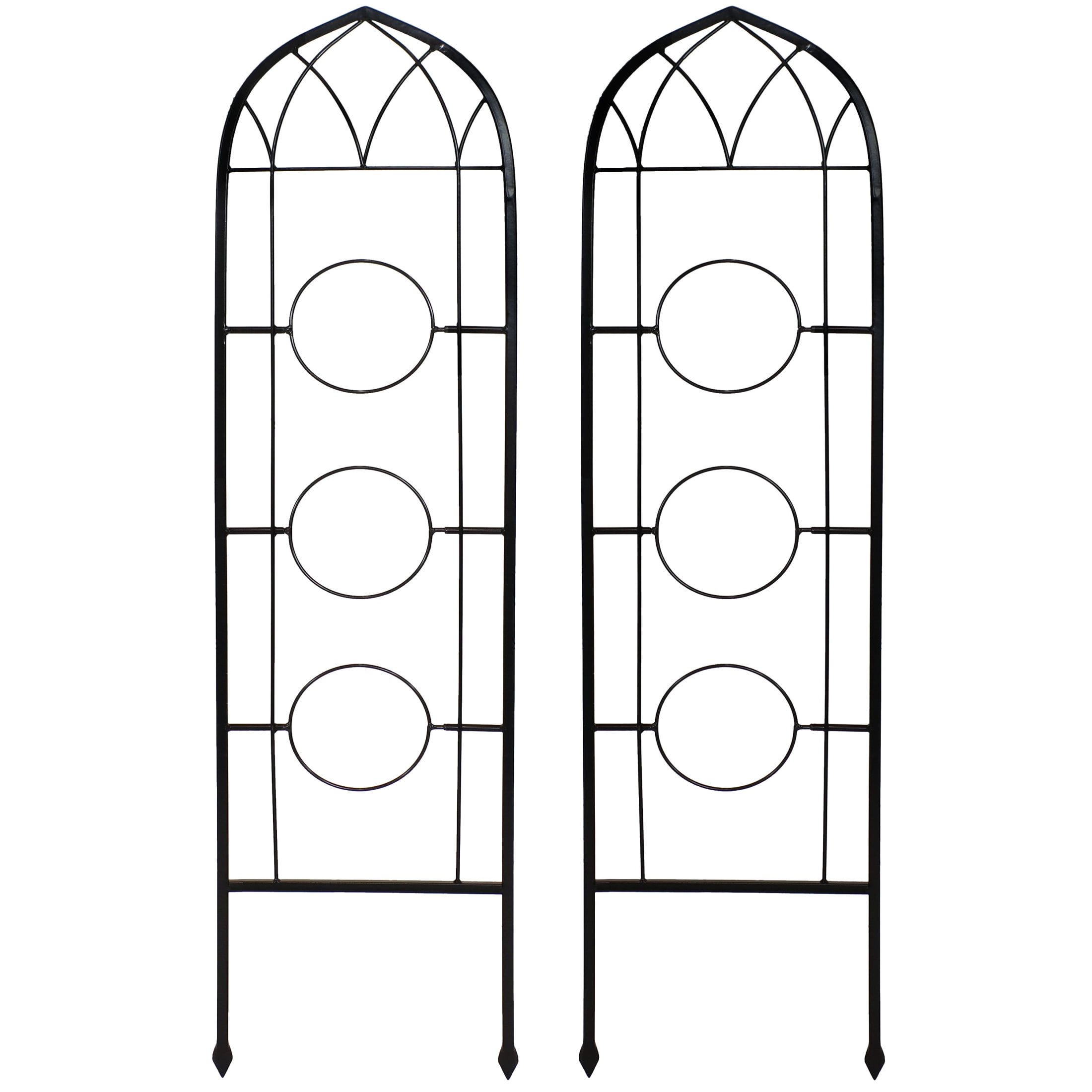 Black Steel Arched Garden Trellis with Flowerpot Supports, Set of 2