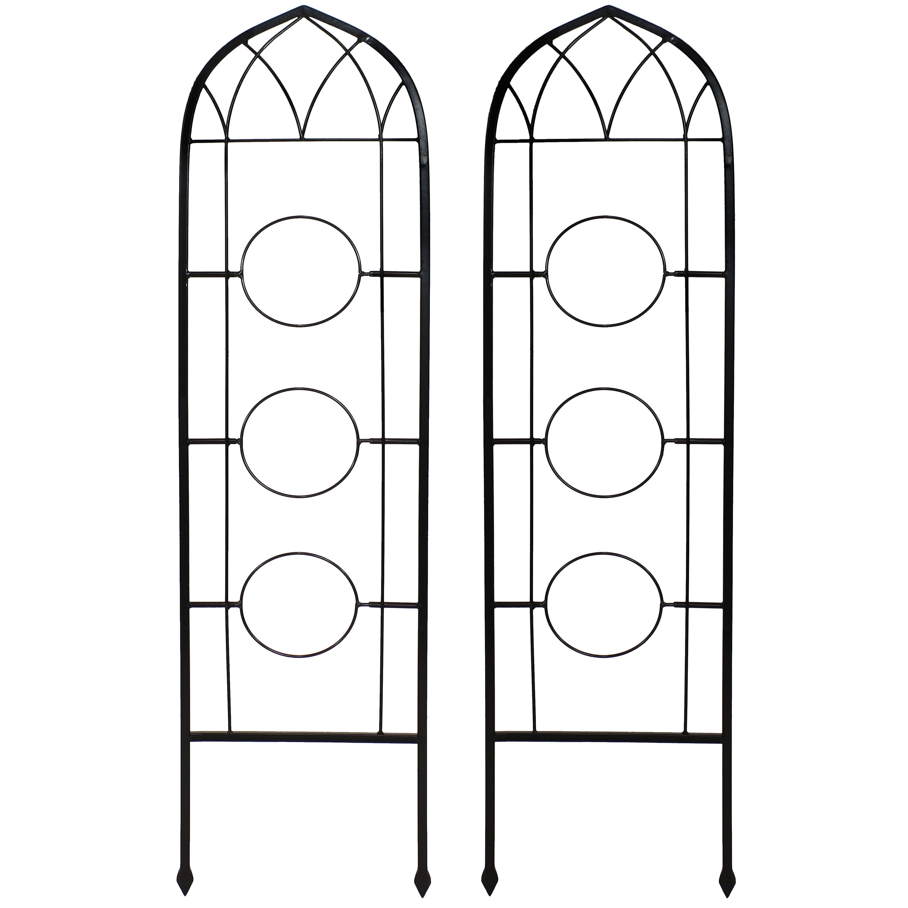 Black Steel Arched Garden Trellis with Flowerpot Supports, Set of 2