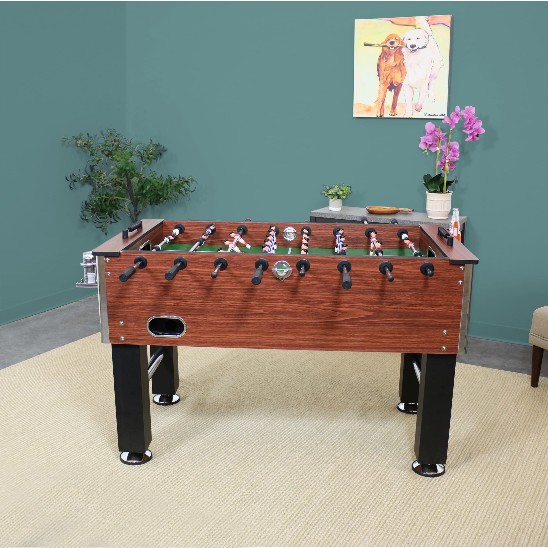 Sunnydaze 55-Inch Brown Faux Wood Foosball Table with Drink Holders