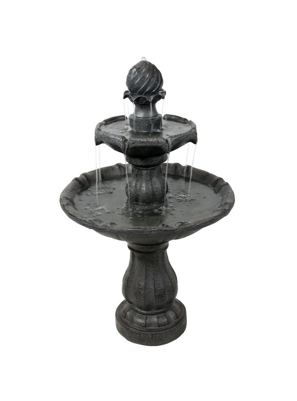 Sunnydaze 2-Tier Solar Outdoor Water Fountain with Battery Backup - Black Finish - 35" H