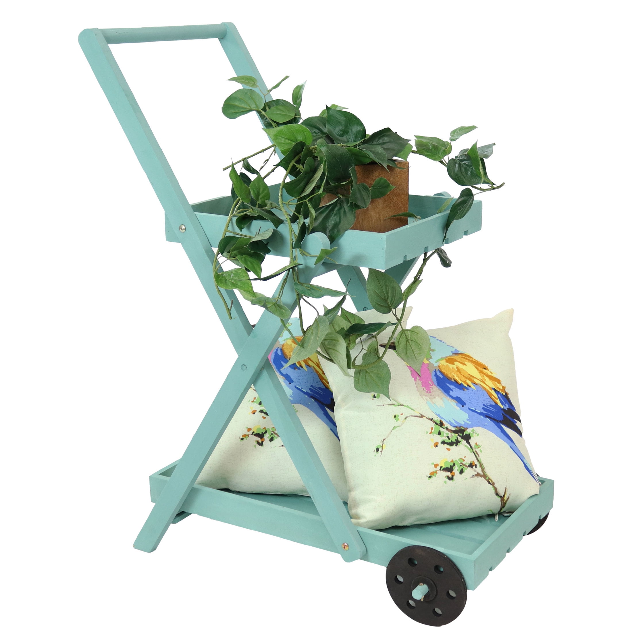 Robin Egg Blue 2-Tier Fir Wood Wheeled Planter Stand
