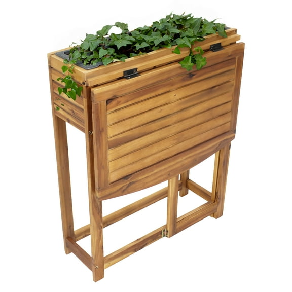 Sunnydaze 24.25" x 25" x 30.5" Natural Acacia Wood Rectangular Raised Garden Bed with Shelf