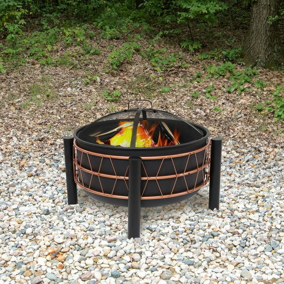 Sunnydaze 24.5" Round Wood-Burning Black Finish Steel Fire Pit with Trapezoid Pattern