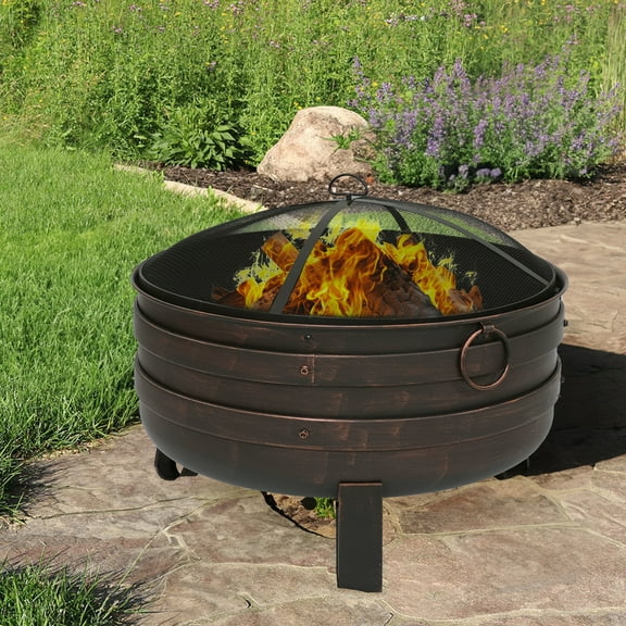 Sunnydaze 24" Round Wood-Burning Brushed Bronze Finish Steel Cauldron Fire Pit with Screen