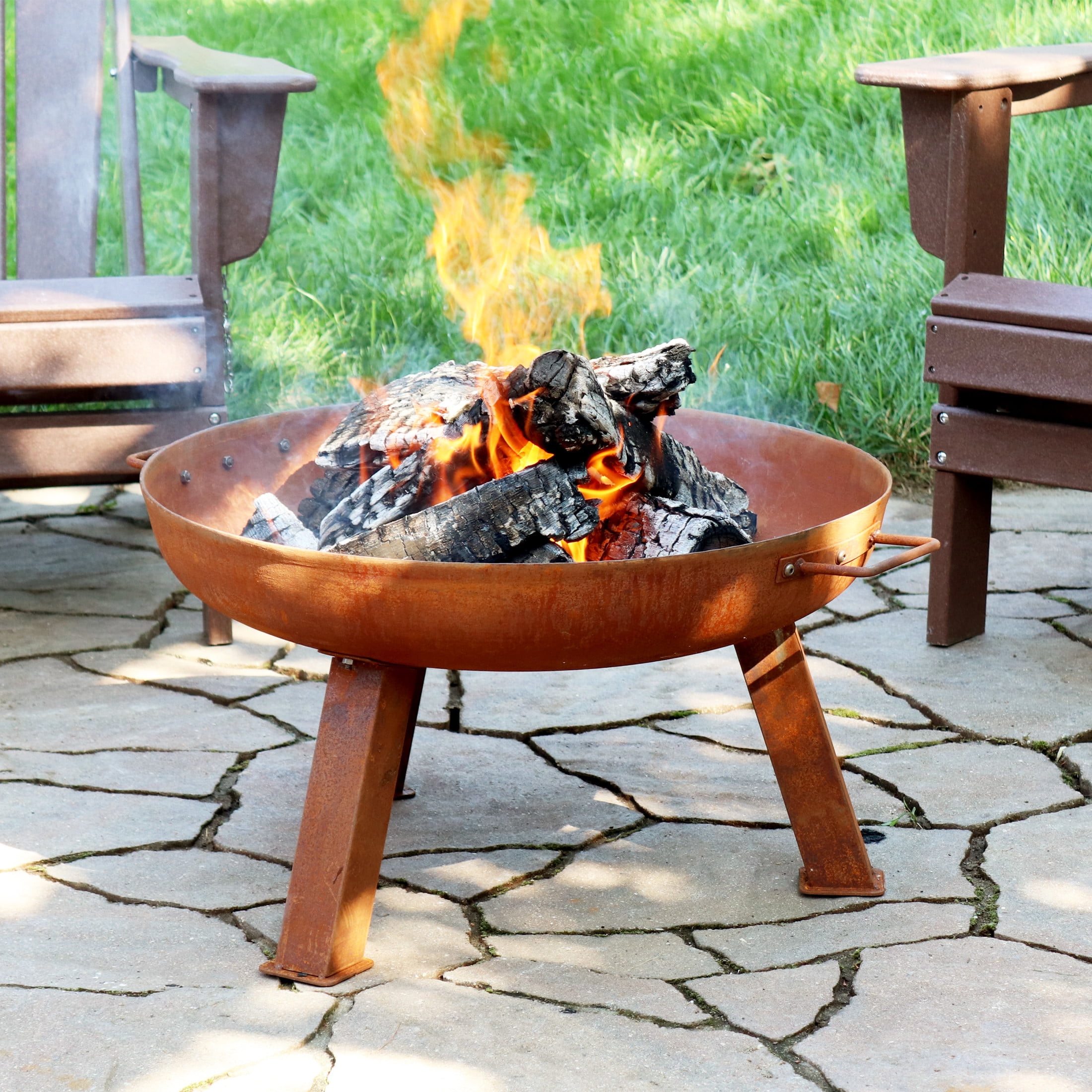 Rustic 24-Inch Round Cast Iron Wood-Burning Fire Pit with Handles