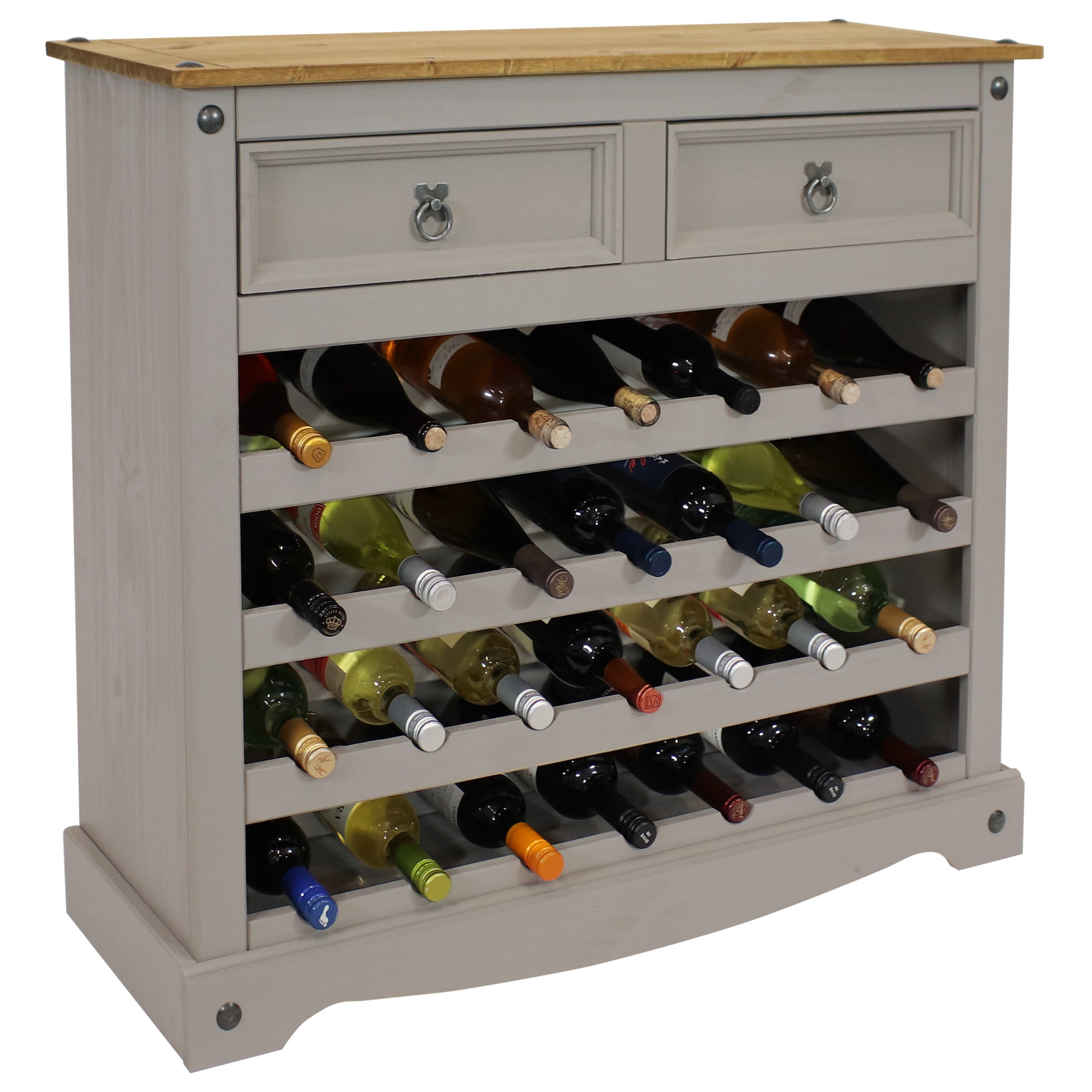 Gray Solid Pine 28-Bottle Wine Rack Cabinet with Drawers