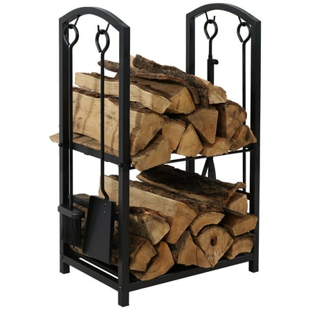 Sunnydaze 29.25" Indoor or Outdoor Steel Firewood Log Holder with 4-Piece Tool Set