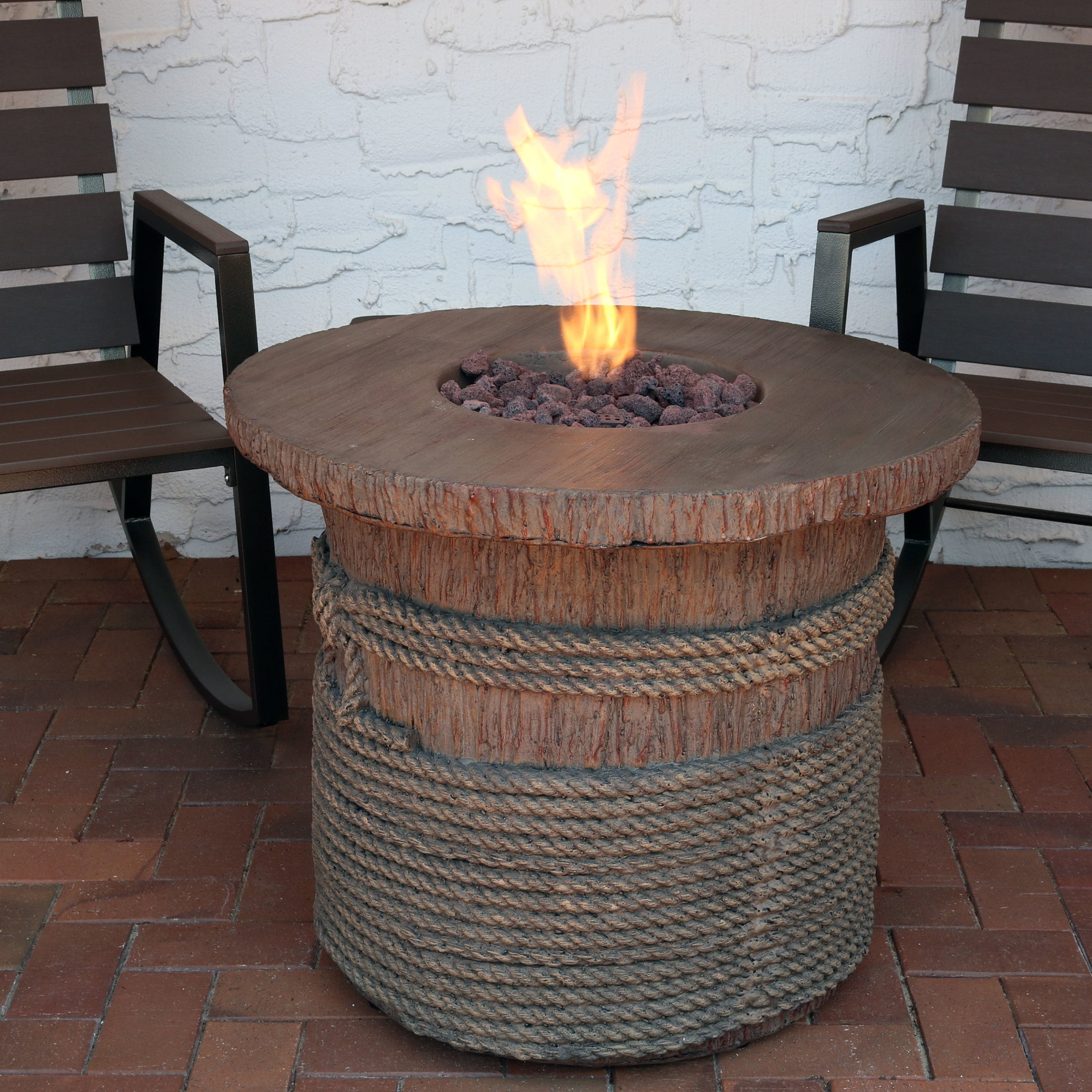 Light Brown Rope and Barrel Design Propane Gas Fire Pit Table