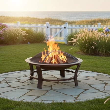 Sunnydaze 29" Round Wood-Burning Bronze Finish Steel Elevated Fire Pit Bowl with Stand