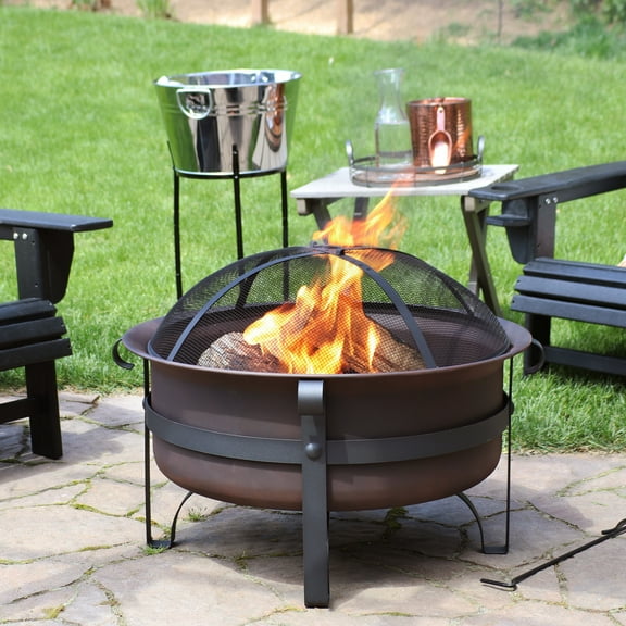 Sunnydaze 29" Round Wood-Burning Bronze Finish Steel Fire Pit Bowl with Spark Screen and Poker