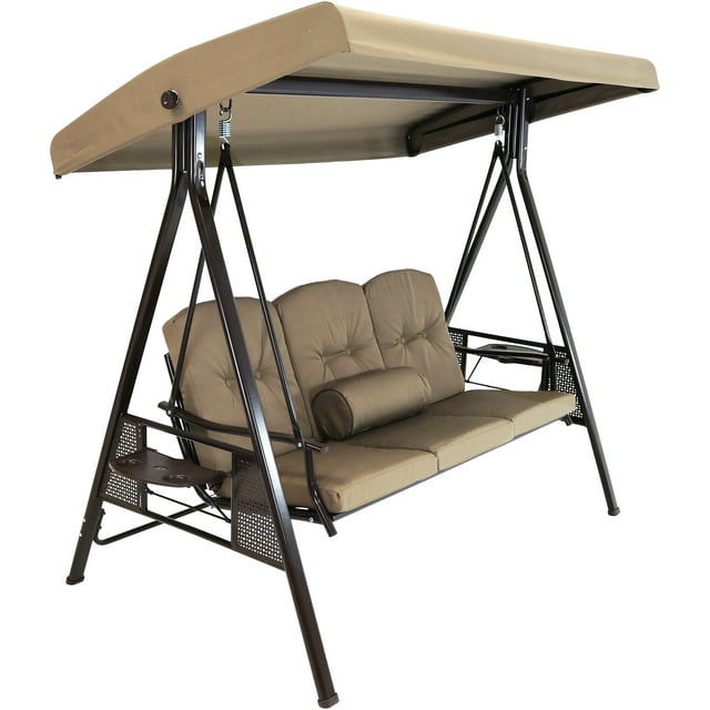 Sunnydaze 3-Person Patio Swing with Adjustable Canopy and Cushions - Beige
