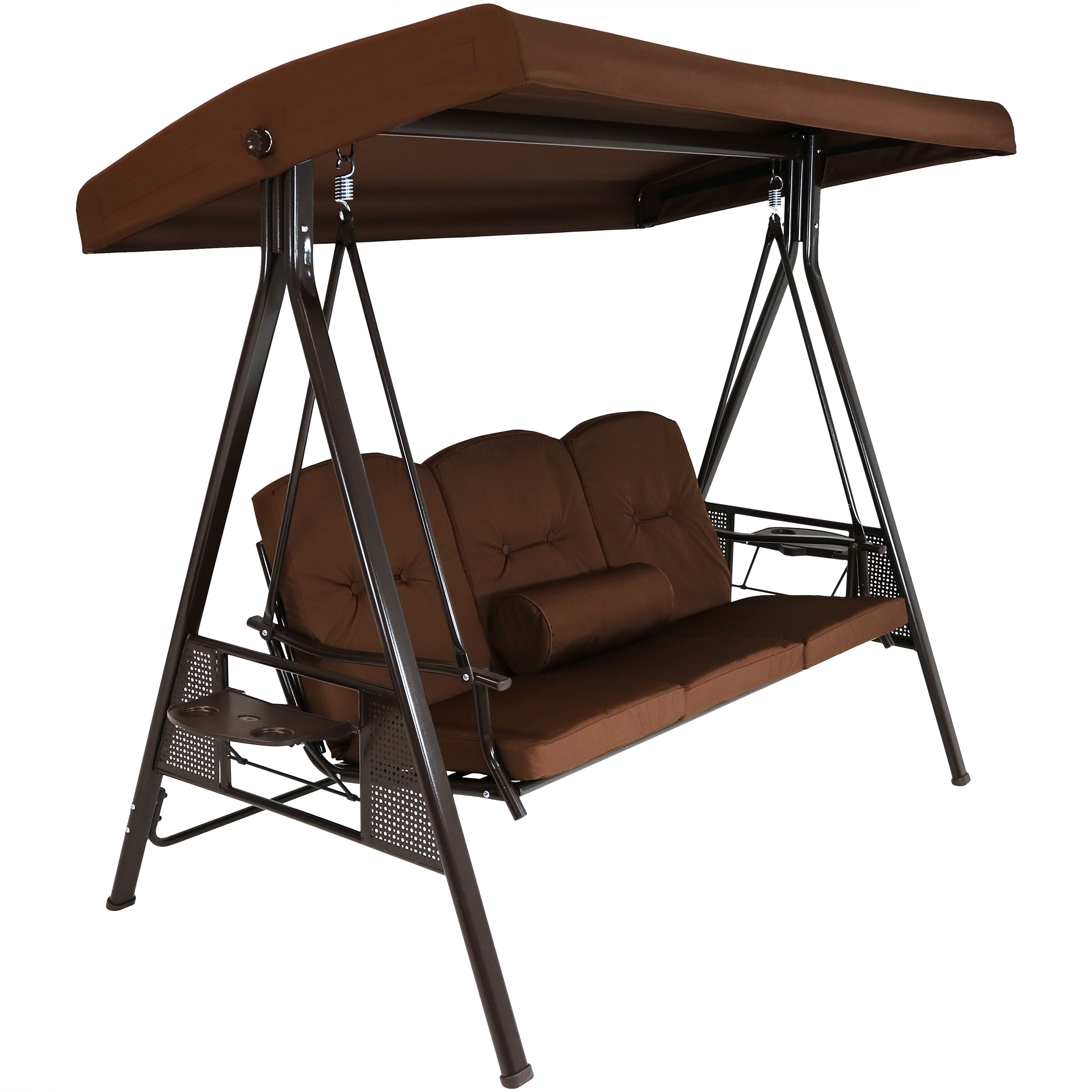 Sunnydaze Outdoor 3 Person Patio Swing with Adjustable Canopy Cushions and Side Tables Brown Walmart