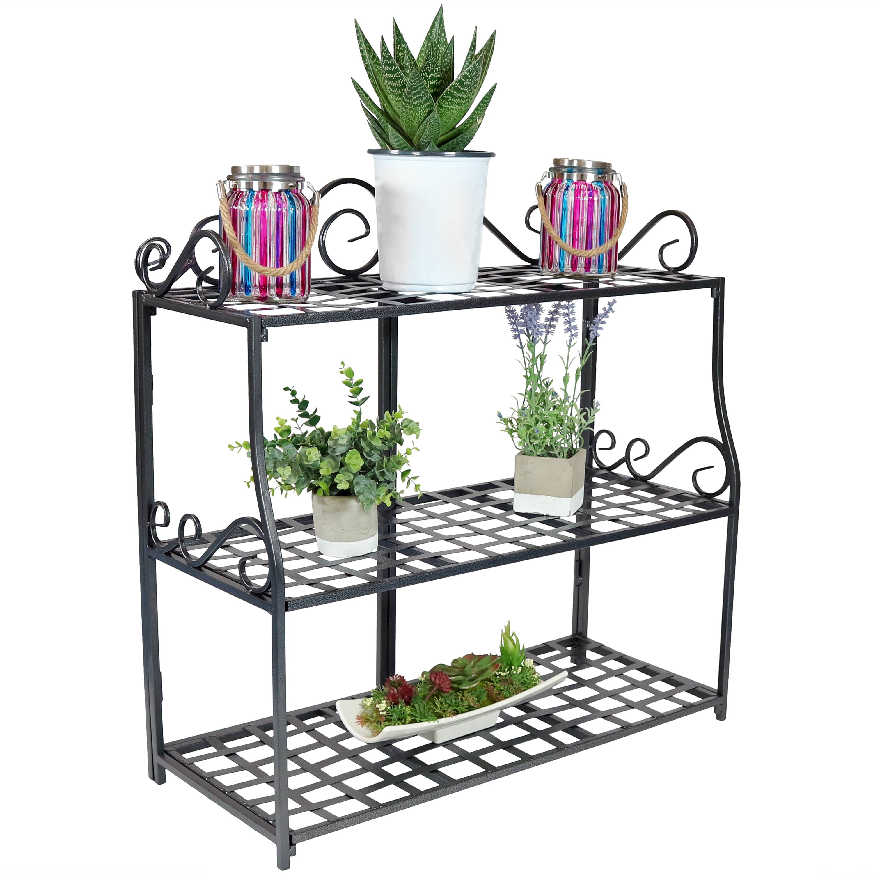 Sunnydaze Black Iron 3-Tier Indoor/Outdoor Plant Stand with Scroll Design