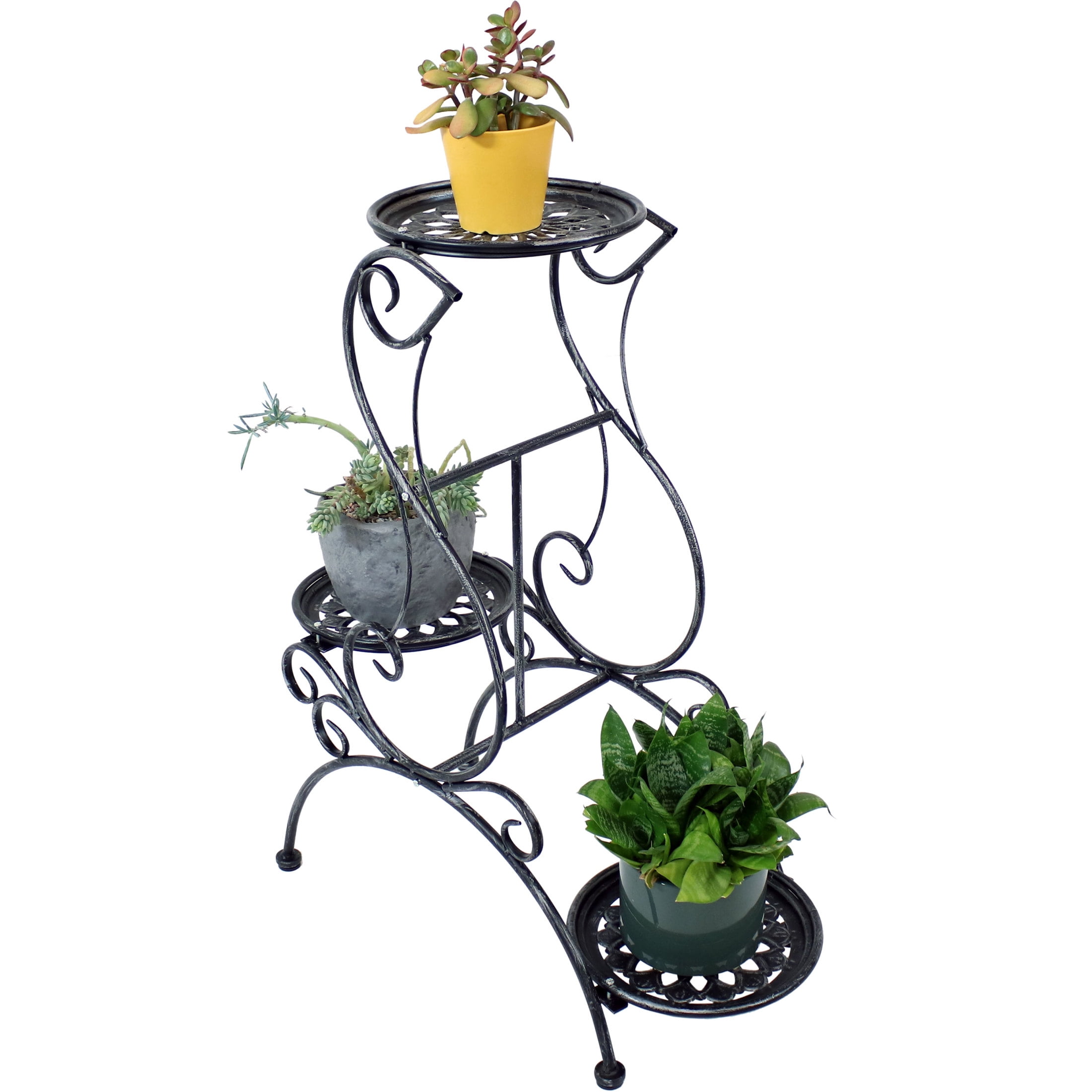 Victorian Dark Gray 3-Tier Steel Plant Stand with Scroll Design