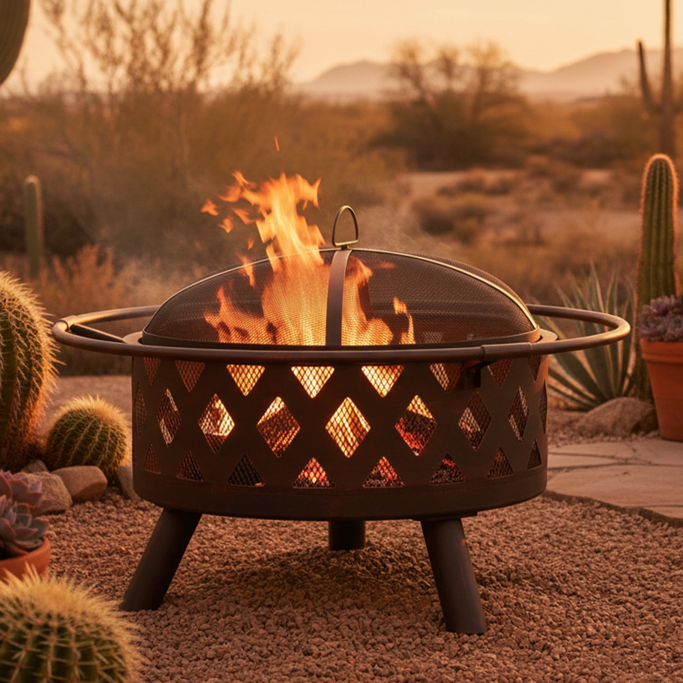 Sunnydaze 30" Round Wood-Burning Bronze Finish Crossweave Fire Pit with Spark Screen